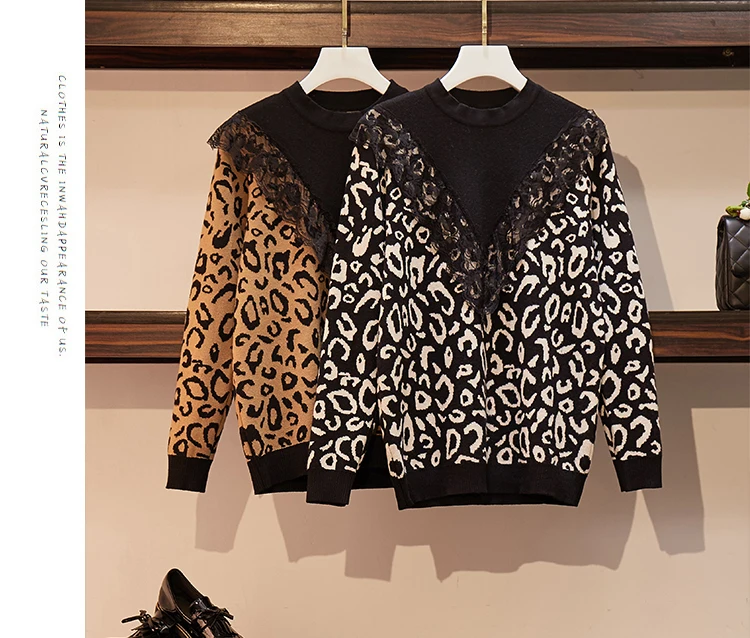 4xl Плюс Размер Дамы Свитер оверсайз женщин Осень Зима Топы Одежда пуловер трикотажные изделия Леопард кружева стежка свитера женские F1050