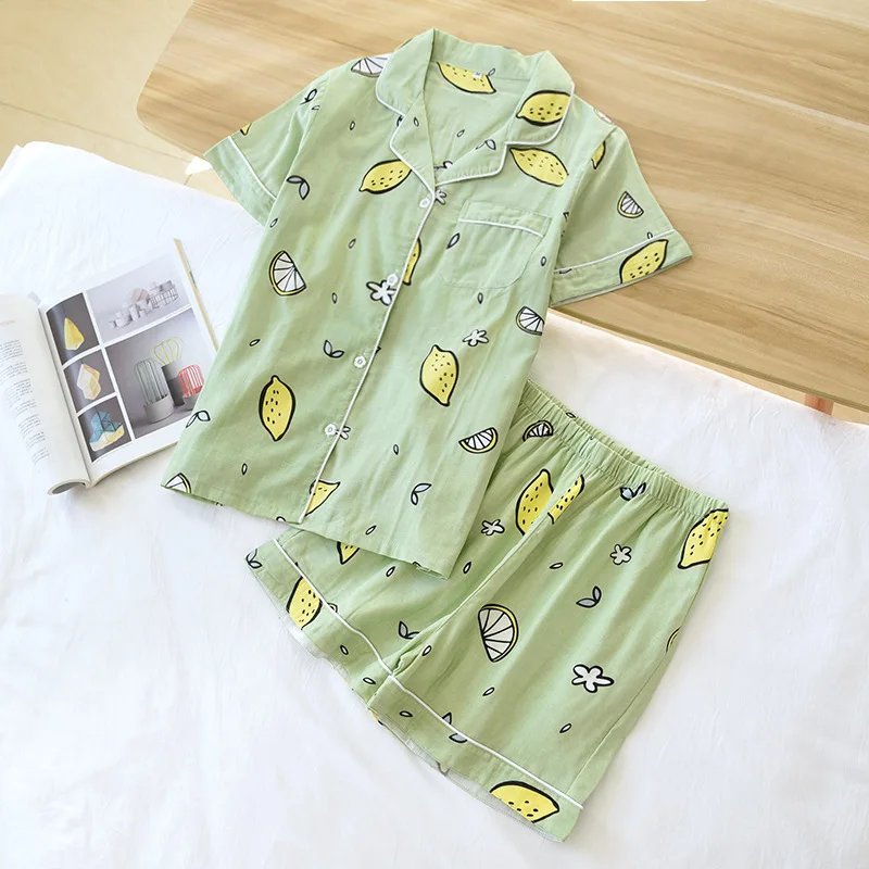 100% Cotton Pyjamas Women Short Sleeves Shorts Pajama Sets Ladies Cute Cartoon Print Japanese Simple Sleepwear Homewear Pijamas | Женская