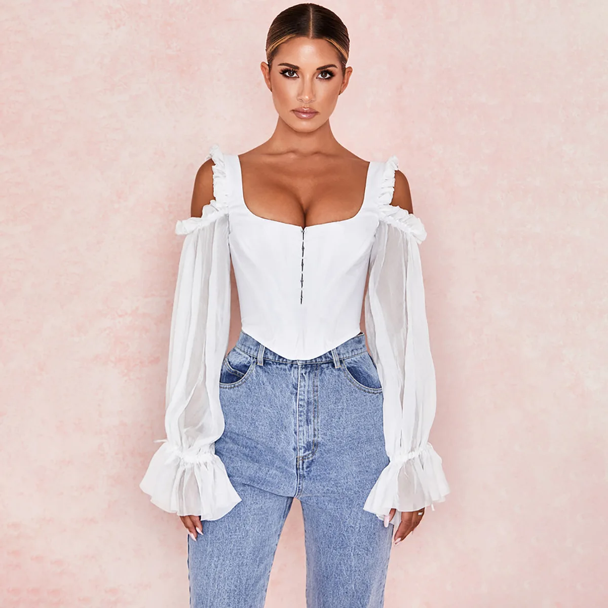 

Sexy Irregular White Ruffles Blouse Women Off Shoulder Tops Casual blusas mujer 2019 Autumn Mesh Flare Sleeve Ladies Shirts New