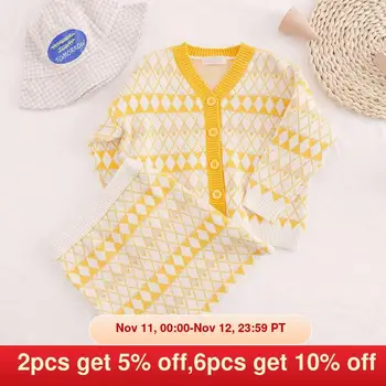 

Melario Autumn Winter Girls Clothing Suits Sweater Plaid Skirt Sets Children 2PCS Clothing Set Children Clothing 2-7 Years