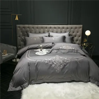 

High End Silver Grey 1000TC Egyptian Cotton Embroidery Bedding set 4Pcs QUEEN KING size Duvet Cover Bed Sheet Soft Breathable