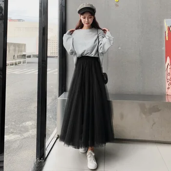 

2020 Spring Summer Vintage Skirts Womens Elastic High Waist Tulle Mesh Skirt Long Pleated Tutu Skirt Female Jupe Longue