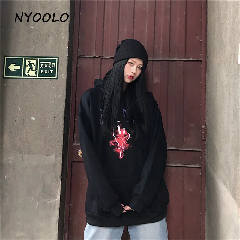 NYOOLO Харадзюку стиль милый Призрак с буквенным принтом теплые флисовые толстовки осень зима свободные пуловеры с капюшоном Толстовка для женщин и мужчин Топ