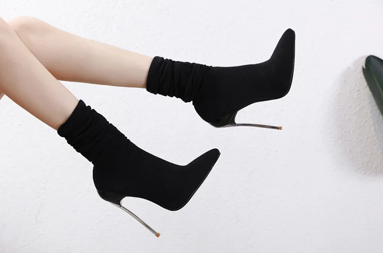 Fashion Knitting Stretch Fabric Sock Boots Pointy Toe Over-the-Knee Heel Thigh High Pointed Toe Woman Boot size 35-42