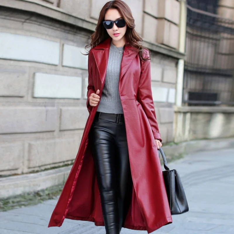 Cotton lining Red Новые женские куртки пальто Женская Длинная кожаная верхняя одежда женское пальто - Цвет: Cotton lining Red