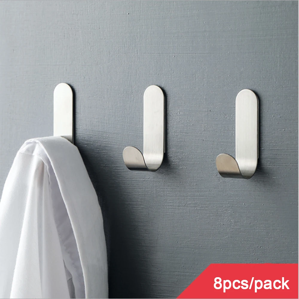 8pcs Stainless Steel Wall Hook Glue Hook Power Self Adhesive Hanger