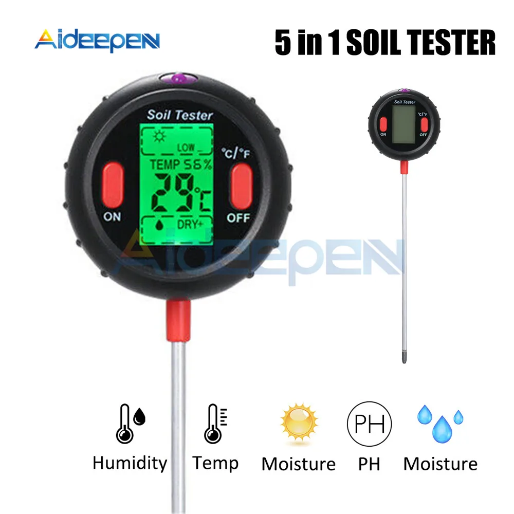 

5 In 1 Digital PH Meter Soil Water Moisture Monitor Temperature Humidity Analysis Sunlight Tester For Gardening Plants Farming