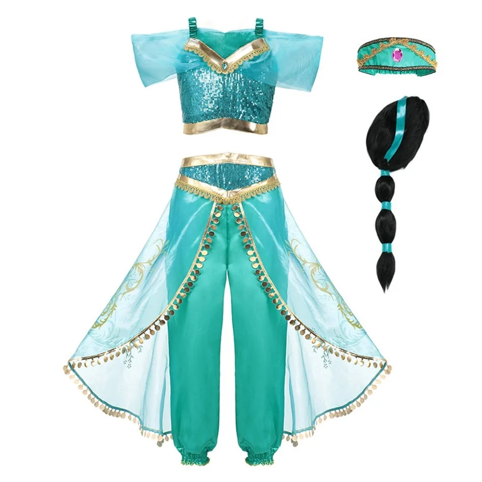 VOGUEON аравийская принцесса Аладдин, жасмин, нарядный костюм, Детские Вечерние платья на Хэллоуин с блестками для девочек, наряд для костюмированной вечеринки - Цвет: Jasmine Dress 02 Set