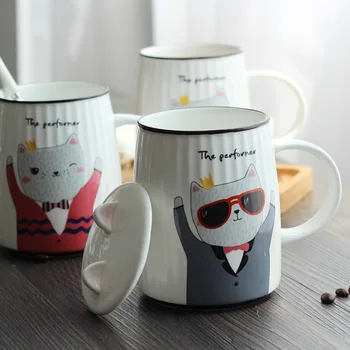 

"Cats Party" Cute Beautiful Ceramic Mug with Lid Tea Milk Coffee Cups Home Office Drinkware Waterware Gift
