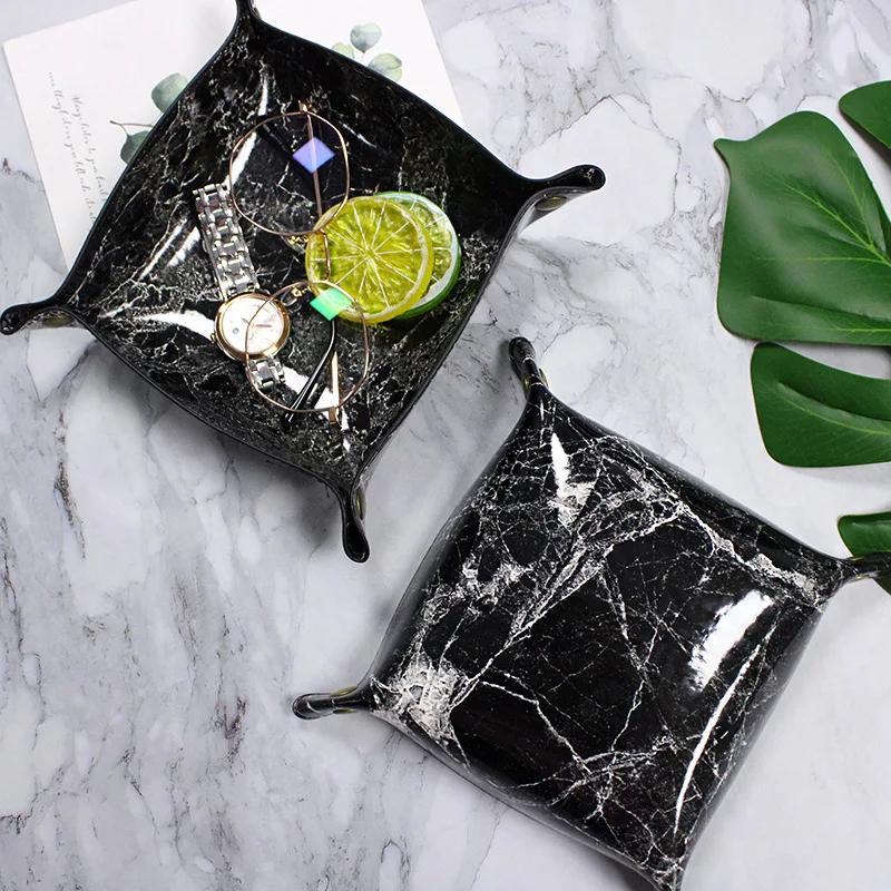 Nordic Marbling Folding Storage Tray PU Leather Dice Rolling Tray Collapsible Key Coin Storage Box Desktop Storage Organizer