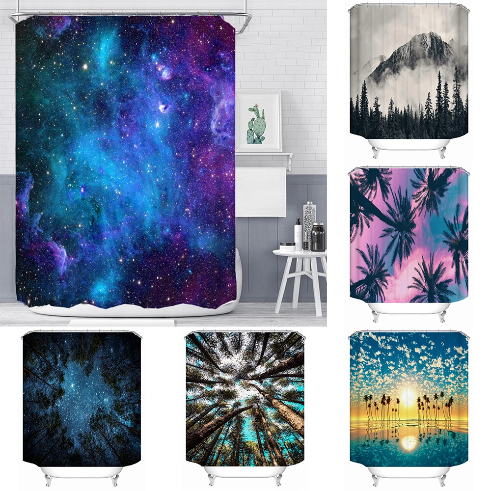

Natural Scenery Shower Curtains Bathroom Curtain Waterproof 3d Printing Starry Sky Forest Bath Curtain with Hooks Bath Screen