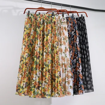 

Korean Style Vintage High Waist Pleated Skirt Women Faldas Summer Floral Chiffon Maxi Skirt Plus Size Long Skirts Womens C6195