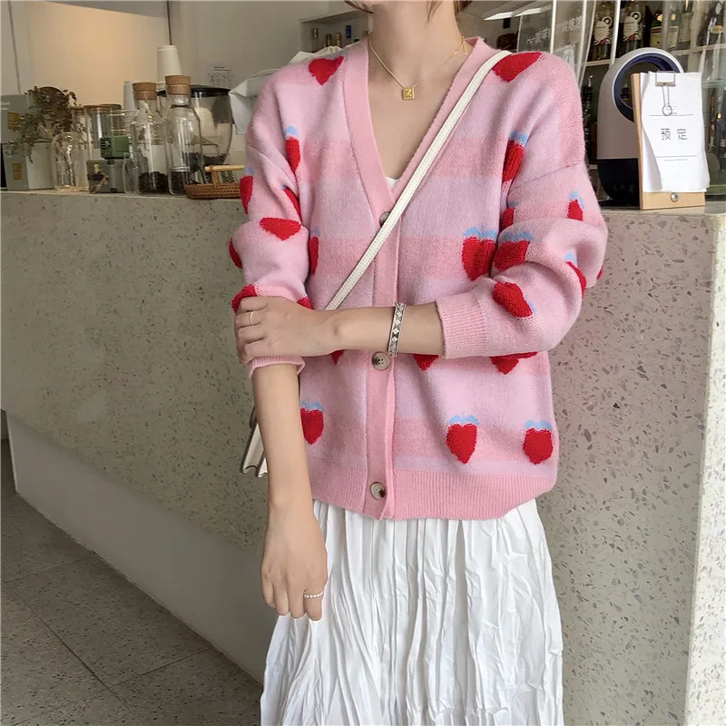 Women Sweater Long Sleeve Apple Pattern Knitted Cardigan 2020 New Autumn Coat Loose off Shoulder V Neck 604H | Женская одежда