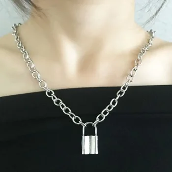 

Silver Color PadLock Pendant Necklaces Brand New link Chain lock Necklaces collar ras du cou collier femme women Punk Jewelry