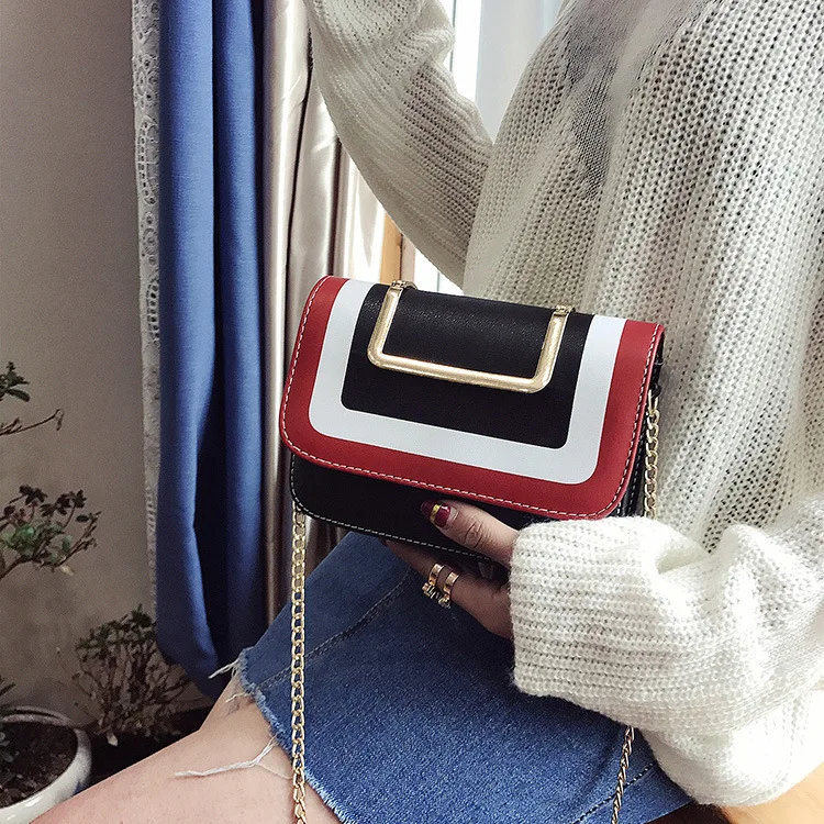 

2017 New Style Spring And Summer WOMEN'S Fashion Handbag Iron Handle Contrast Color Square Sling Bag Western Style Chain Shoulde