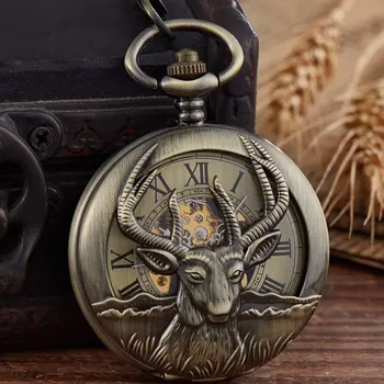 

Vintage Bronze Deer Mechanical Pocket Watch Men Steampunk Hollow Unisex Skeleton Watch Necklace Male Watch Gift reloj de bolsill