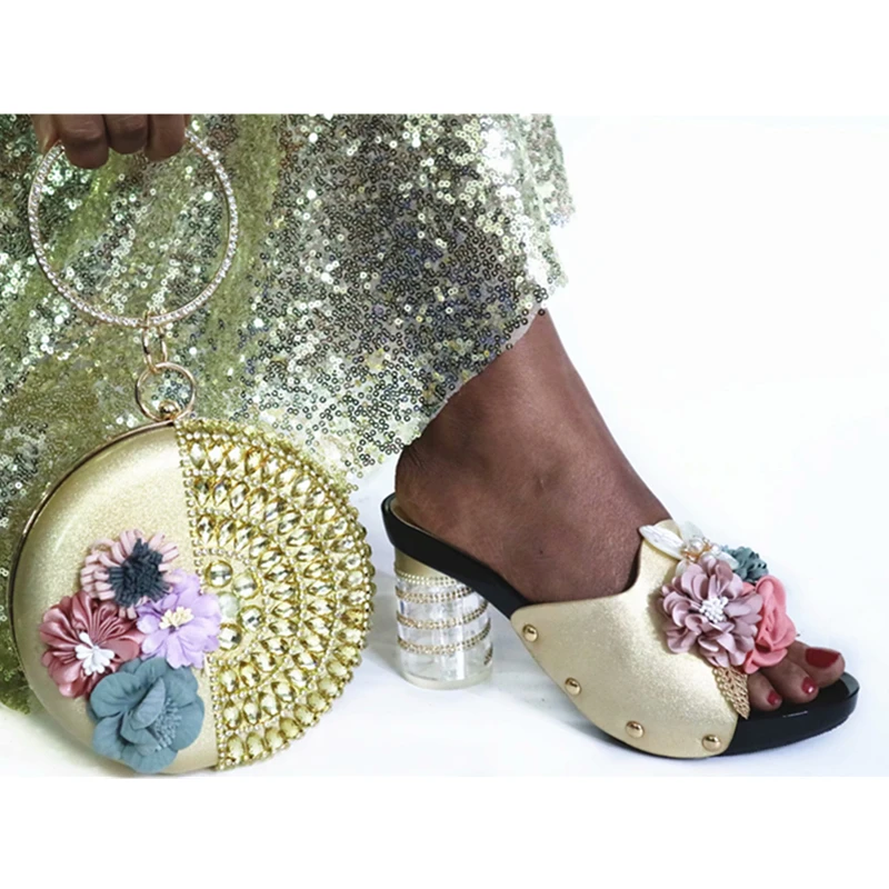 Latest Design Nigerian Wome Party Shoes with Bag Set Decorated with Rhinestone Italian Matching Shoe and Bag Set for Wedding