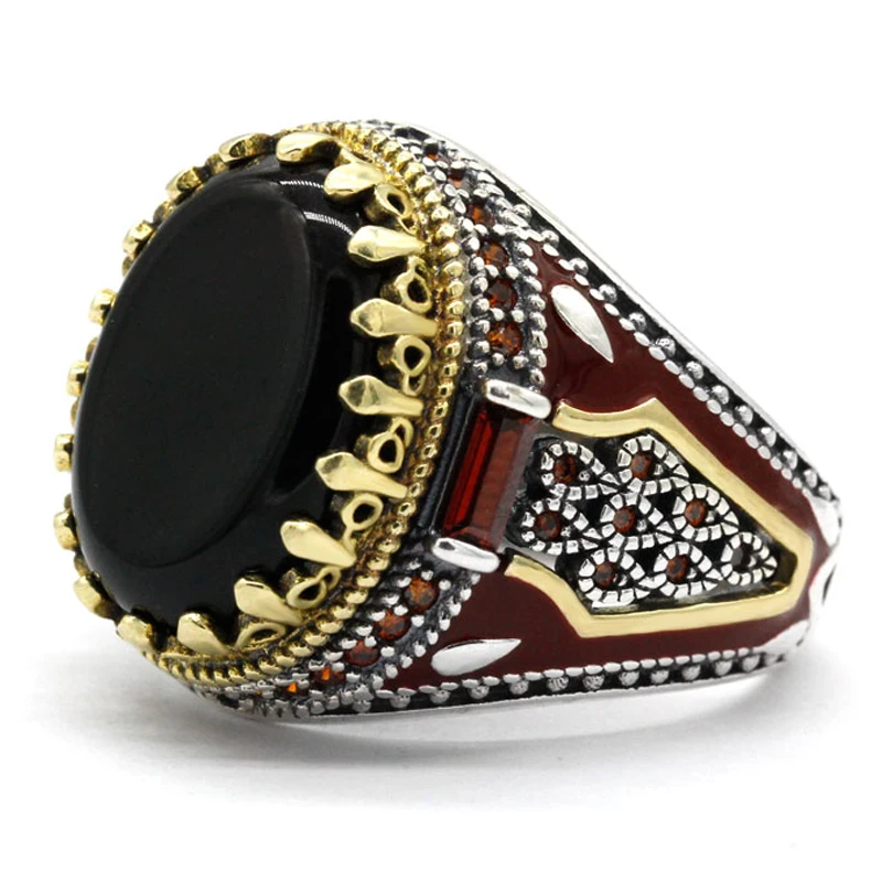 Turkey Jewelry Men Ring with Black Natural Agate Stone 925 Sterling Silver Vintage King Crown CZ Red Enamel Rings for Male Gift | Украшения