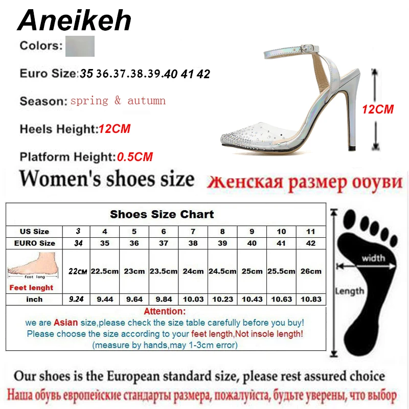 Aneikeh/Женская обувь из ПВХ со стразами; босоножки на высоком каблуке с острым носком; летние модельные туфли для вечеринки и свадьбы; босоножки с пряжкой на лодыжке; туфли-лодочки