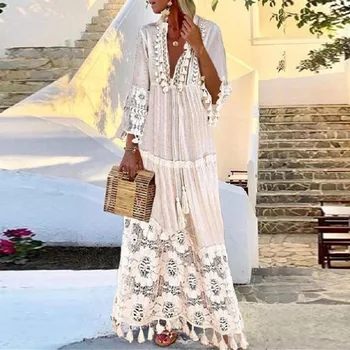 

Summer Plus Size Boho Women Dress Long Sleeve V Neck Tassel Loose Long Dresses elegant Female party omighty Jupe Clothes