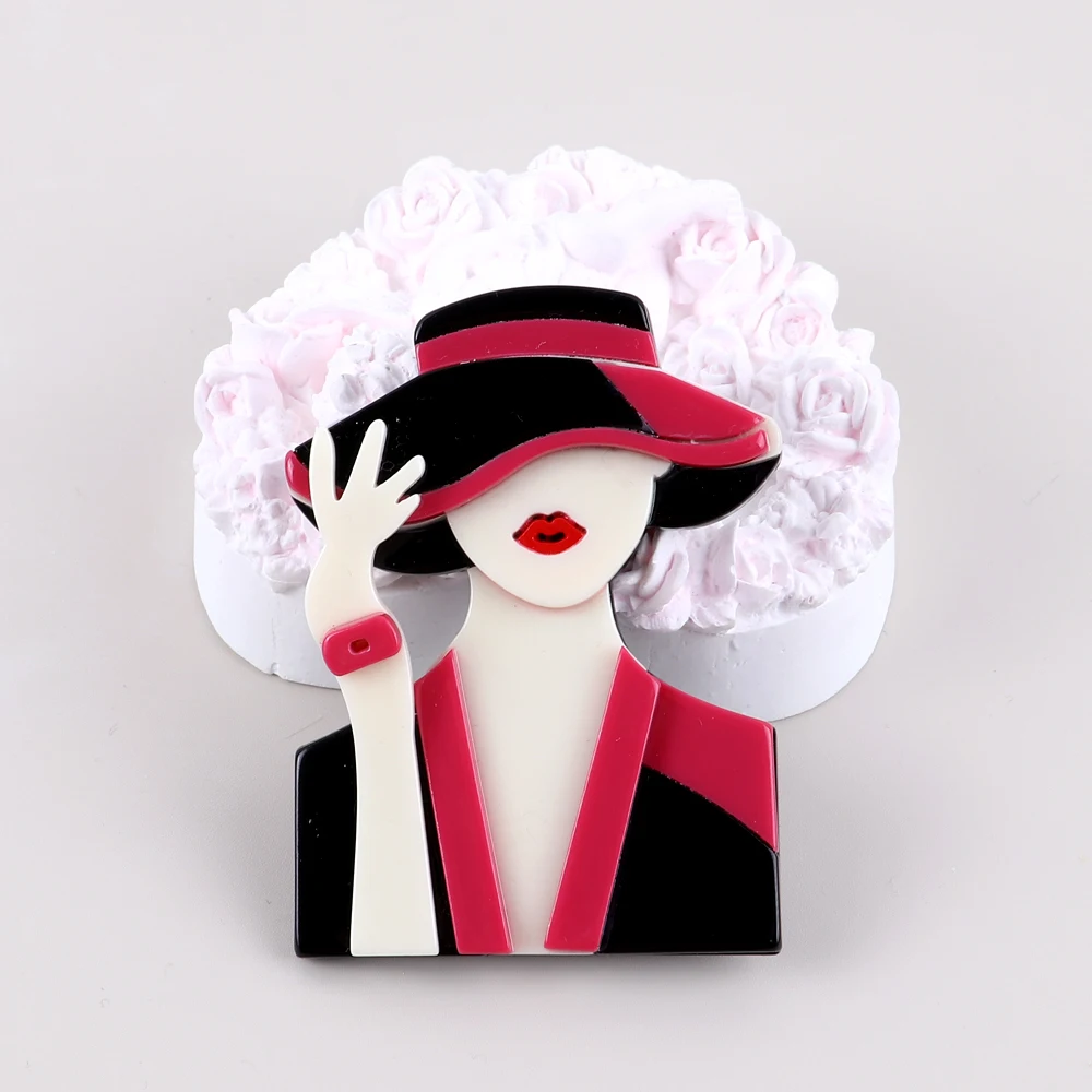 Fashion Creative Elegant Black Pink Suit Lady Brooch Pins For Women Girls Acrylic Brooches Badges Lapel Pins Cool Party Jewelry