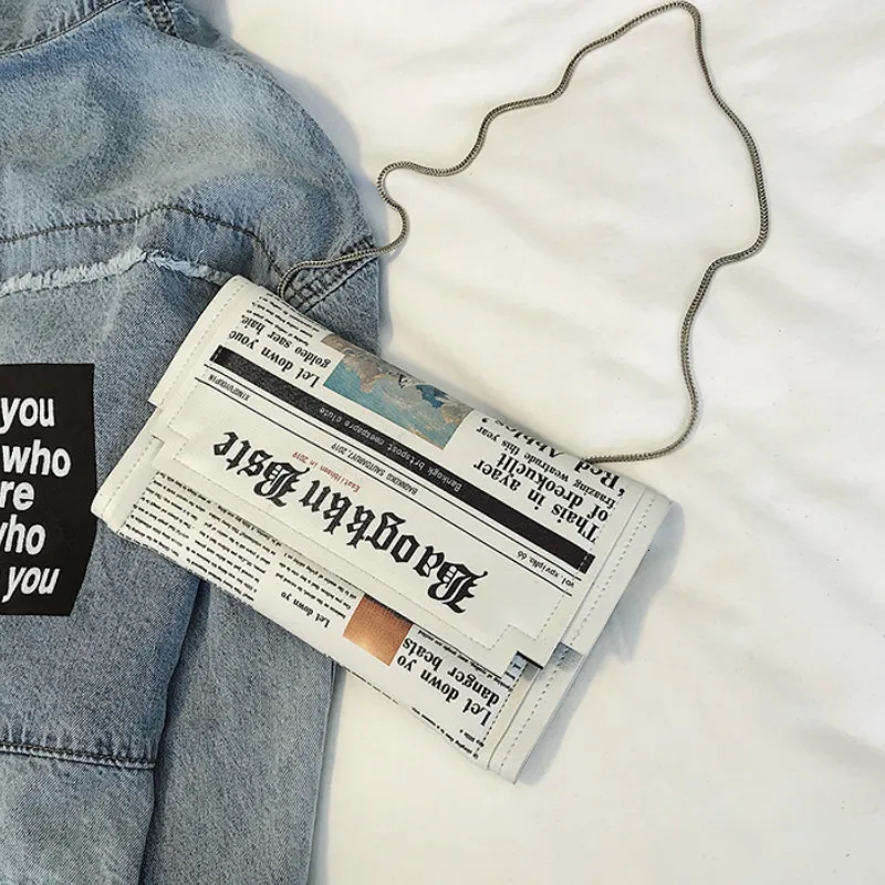

Women Joker Messenger Bag Chain Shoulder Bag Personality Fashion Small Square Newspaper News Styling Bags Wholesale Bolso Mujer