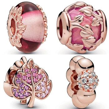 

Rose Polished & Pave Bead Sparkling Pink Decorative Murano Glass & Leaves Beads Fit Bracelet 925 Sterling Silver Charm