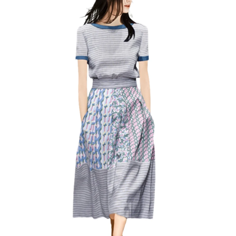 LLZACOOSH Fashion Women Summer Short Sleeve Pullover Stripe TShirt Top& A Line Printed Knee Lenght Skirt Two Piece Sets Outfits