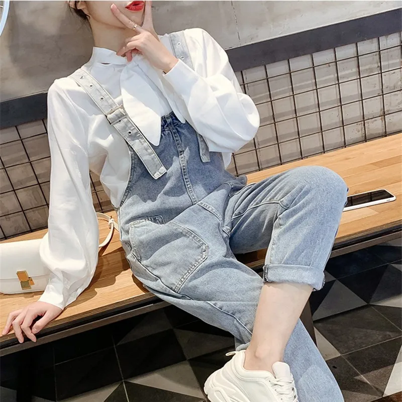 Women's bib spring and autumn clothing new net red loose age reduction was thin denim high waist nine points jumpsuit