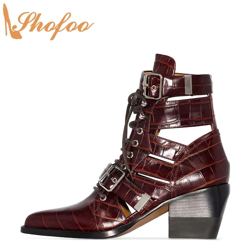 

Maroon Crocodile Ankle Boots High Heels Summer Booties Buckle Strap Lace Up Woman Pointed Toe Ladies Shoes Big Size 13 16 Shofoo