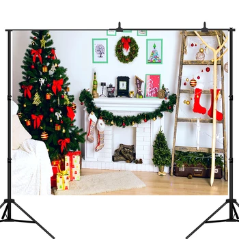 

Lyavshi Christmas Photography Backdrops Wood Ladder Pine Tree fireplace Background Gifts Decoration Photo Studio Photobooth Prop