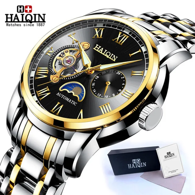 HAIQIN Automatic Mechanical Watch Men Stainless Steel Watches Mens Brand Luxury Business Waterproof Wristwatch relogio masculino Gold Black S