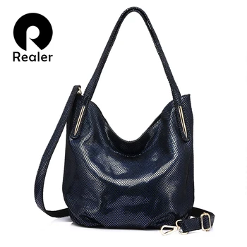 

REALER Brand fashion women genuine leather shoulder bag female serpentine print handbag high quality zipper crossbody bag 2019
