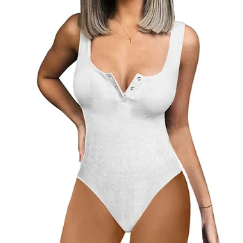 

Stretchy Knitted Bodysuit Women Sexy Skinny O-Neck Femininas Buttons Tank Body Top Fashion Sleeveless Slim Ribbed Rompers GV494