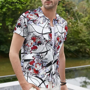 

INCERUN Summer Men Shirt Printing Short Sleeve Brand Lapel Blouse Breathable Fashion Vacation Casual Mens Hawaiian Shirts S-3XL