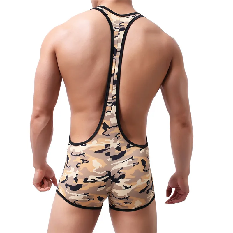 Men Undershirts Sexy Penis Pouch Bodysuits Boxers Camo Jumpsuit Leotard Wrestling Singlet Underwear One-piece Sleepwear Swimwear