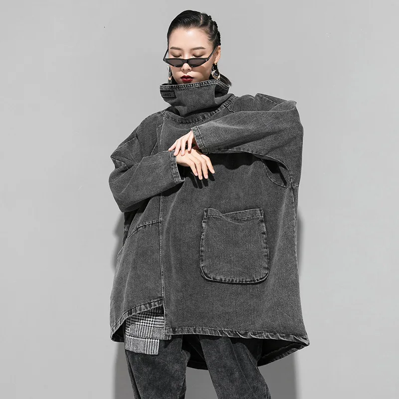 QING MO Winter Women Denim Sweatshirt Women Irregular Sweatshirt Turtleneck Top Female Casual Loose Sweatshirt ZQY2026