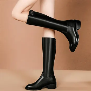 

Thigh High Oxfords Shoes Women Genuine Leather Low Heel Knee High Motorcycle Boots Female Winter Round Toe Platform Riding Boots