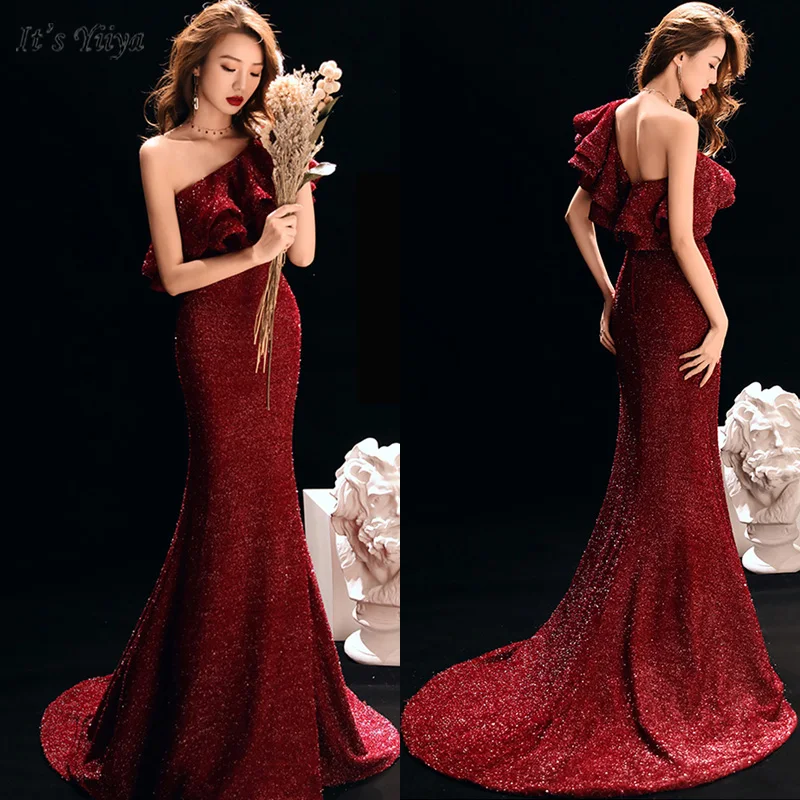 

It's Yiiya Evening Dress 2019 Elegant One Shoulder Ruffles Mermaid Women Party Dresses Short Sleeve Backless Robe De Soiree V160