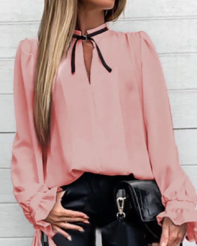 Женская шифоновая блузка с длинным рукавом, однотонная, с оборками, с манжетами, с завязками на шее, рубашка, OL, блузка, топы, рабочая одежда