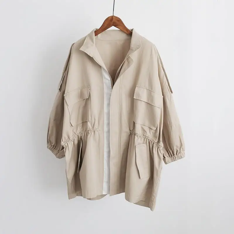 Beige Осенний корейский женский Бежевый Тренч, уличная одежда, длинный свободный Тренч, застежка-молния, отложной воротник, пальто - Цвет: Beige