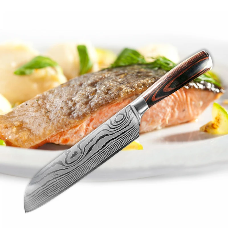 9Pcs Kitchen Knife Set 7CR17 Stainless Steel Laser Damascus Chef Slicing Bread Santoku Meat Cleaver Boning 1 9Pcs Kitchen Knife Set 7CR17 Stainless Steel Laser Damascus Chef Slicing Bread Santoku Meat Cleaver Boning 3