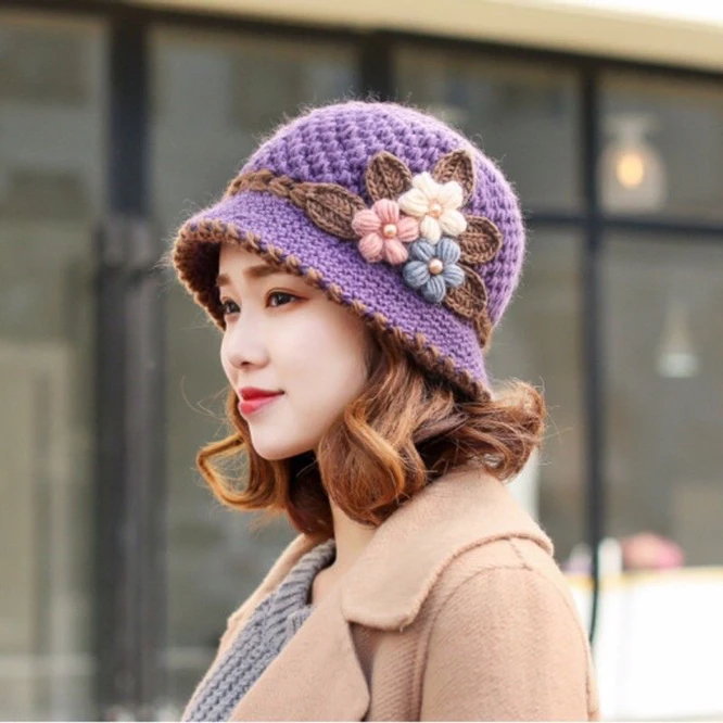 Autumn Winter Knitted Female Three-Dimensional Flower Plush Fisherman Hat Basin Hat Mother Hat Fashion Old Age Cap Khaki 4