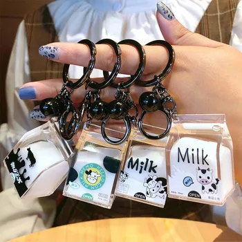 

New Hot Dairy Cow Milk Drinks Acrylic Keychain Fruit Milk Moving Liquid Keyrings decompression drift bottle Jewelry Kids Gifts