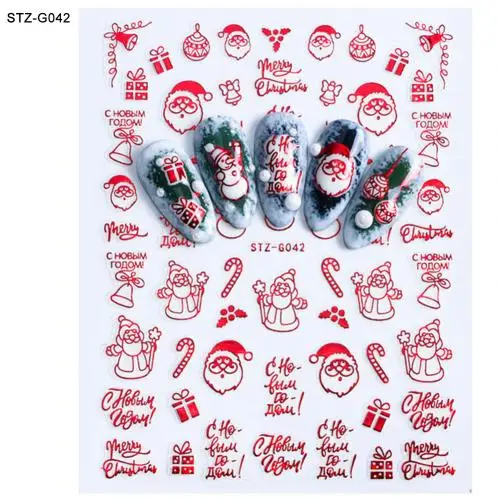 10Pcs/Set Christmas Theme 3D Glitter Snowflower Santa Nail Sticker New Year Slider Tattoo Adhesive Decal Manicure Decor - Color: STZ G042 Red