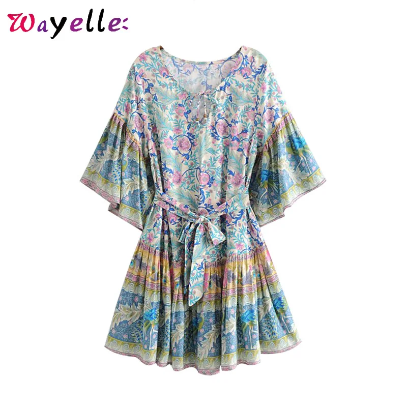 

Kimono Boho Floral Print Mini Dress Summer Vintage Beach Style Chic with Sashes Pleated Dress Women Flare Sleeve Elegant Dress