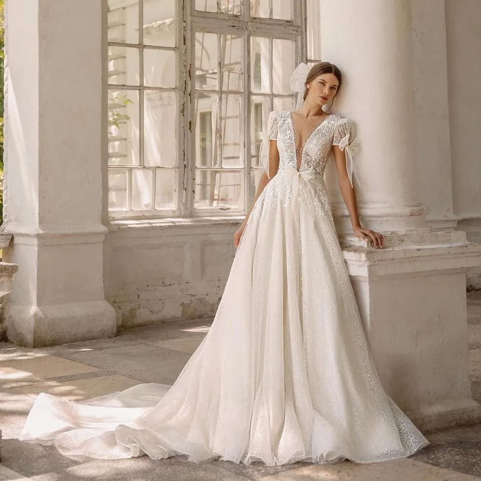 

See-Through Short Sleeve Wedding Dress Sparkly Lace Tulle Evening Dresses Open Back Bridal Dress With Bow Women Bride Gown