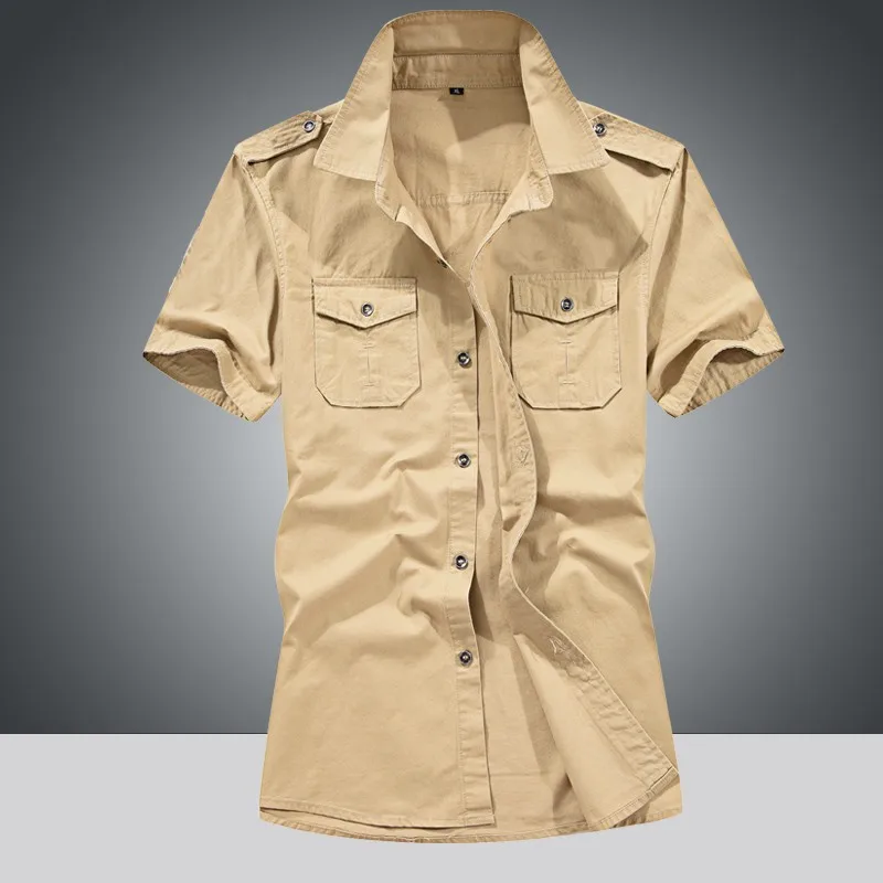 6XL, военная Летняя мужская рубашка карго, короткий рукав, хлопок, армейская рубашка, мужские повседневные рубашки, тактическая Мужская рубашка, Chemise Homme Plus - Цвет: A05 Khaki