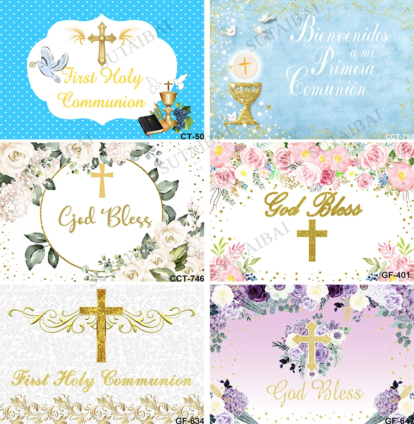 My First Holy Communion God Bless Photography Backdrop Golden Cross Flower  Boy or Girl Baptism Decor Birthday Party Background|Background| - AliExpress