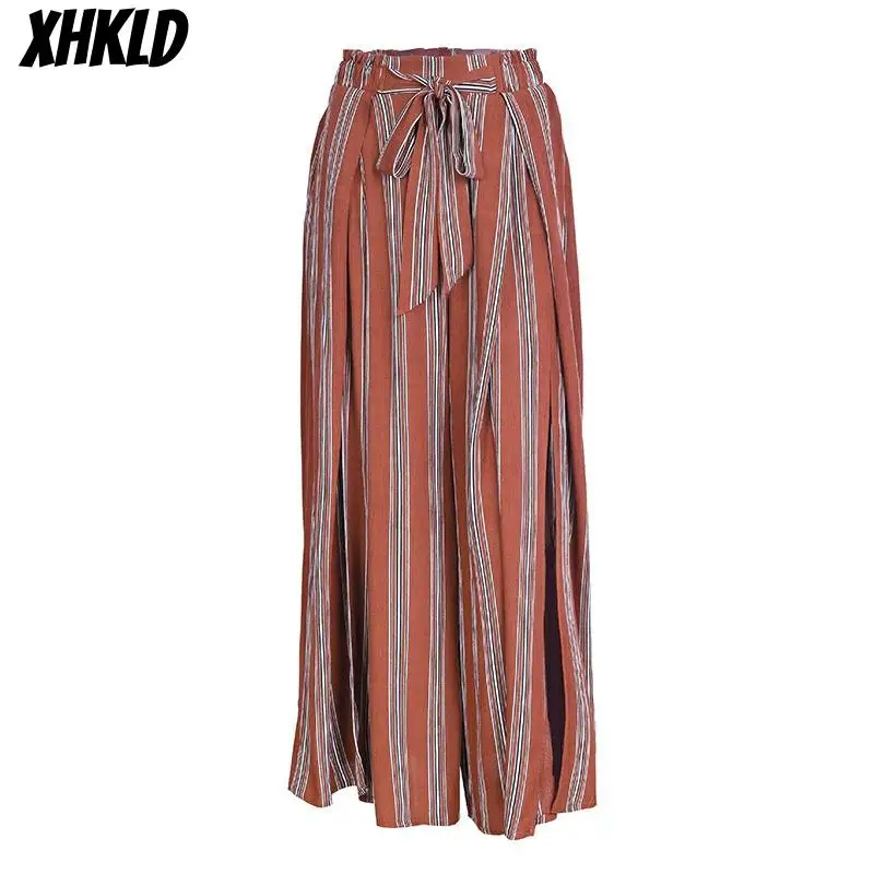 Новинка 2018 широкие брюки в полоску с высоким разрезом женские летние пляжные